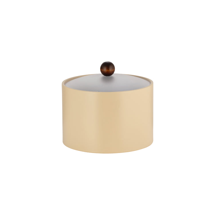 Off White | Sleek and durable Core Mesa leatherette ice bucket with a material cover and brown wood ball knob, ideal for elegant interiors.