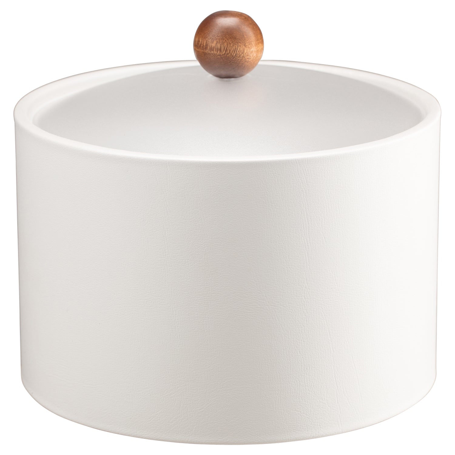 Ivory | Durable Core Mesa leatherette ice bucket with a stylish acrylic cover and brown wood ball knob, ideal for high-end hospitality environments.