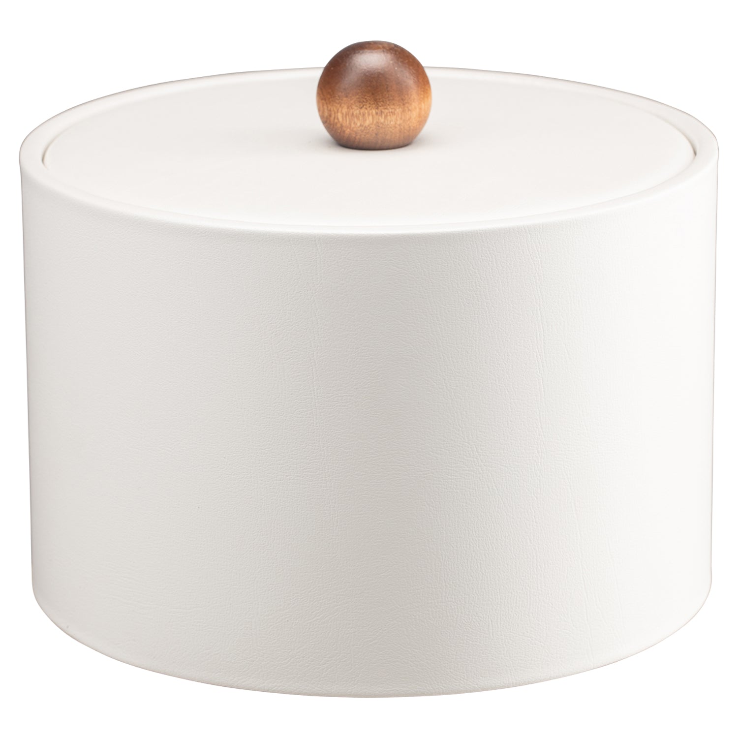 Ivory | Durable Core Mesa leatherette ice bucket with a fashionable material cover and brown wood ball knob, perfect for upscale settings.