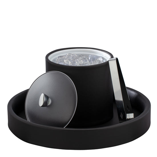 Black | Image of the Arc 2-quart ice bucket sitting on a leatherette matching tray.