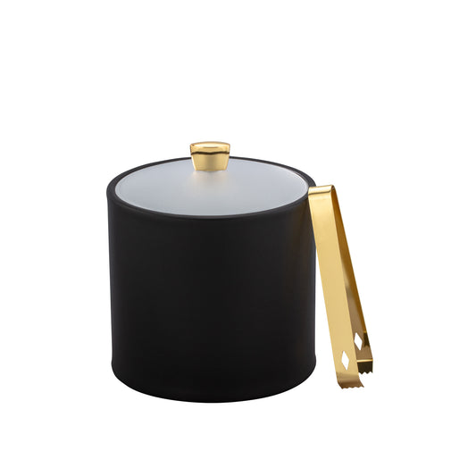 Black | Arc Collection 2-quart ice bucket with a frosted acrylic cover and elegant gold arc knob.