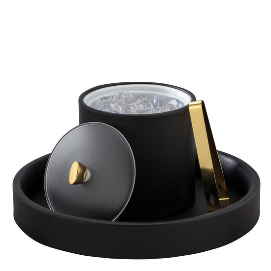 Black | Arc 2qt ice bucket featuring a polished gold arc knob and sleek acrylic cover for guest rooms.