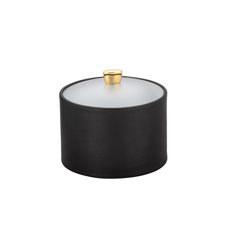 Black | Image of a mesa style ice bucket with a frosted acrylic cover & polished gold arc knob.