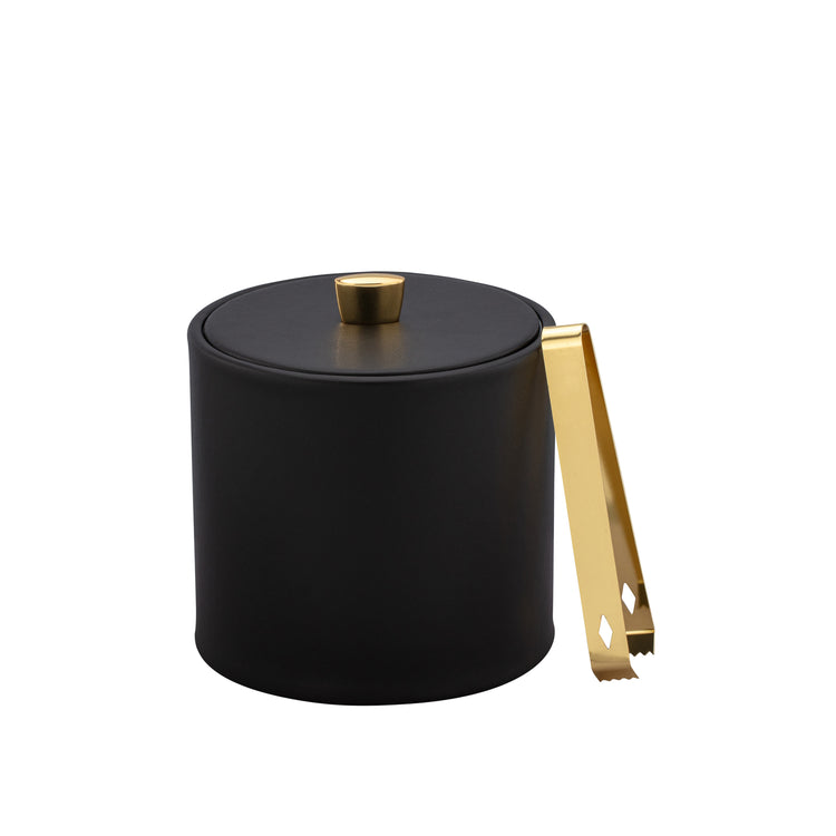 Black | Oxford 2qt ice bucket with a leatherette material cover and a sleek gold arc knob.