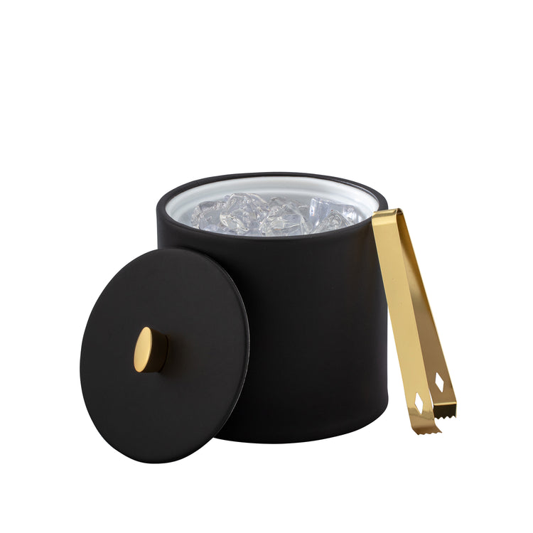 Black | A luxurious Oxford 2qt ice bucket featuring a gold arc knob and a leatherette material cover.