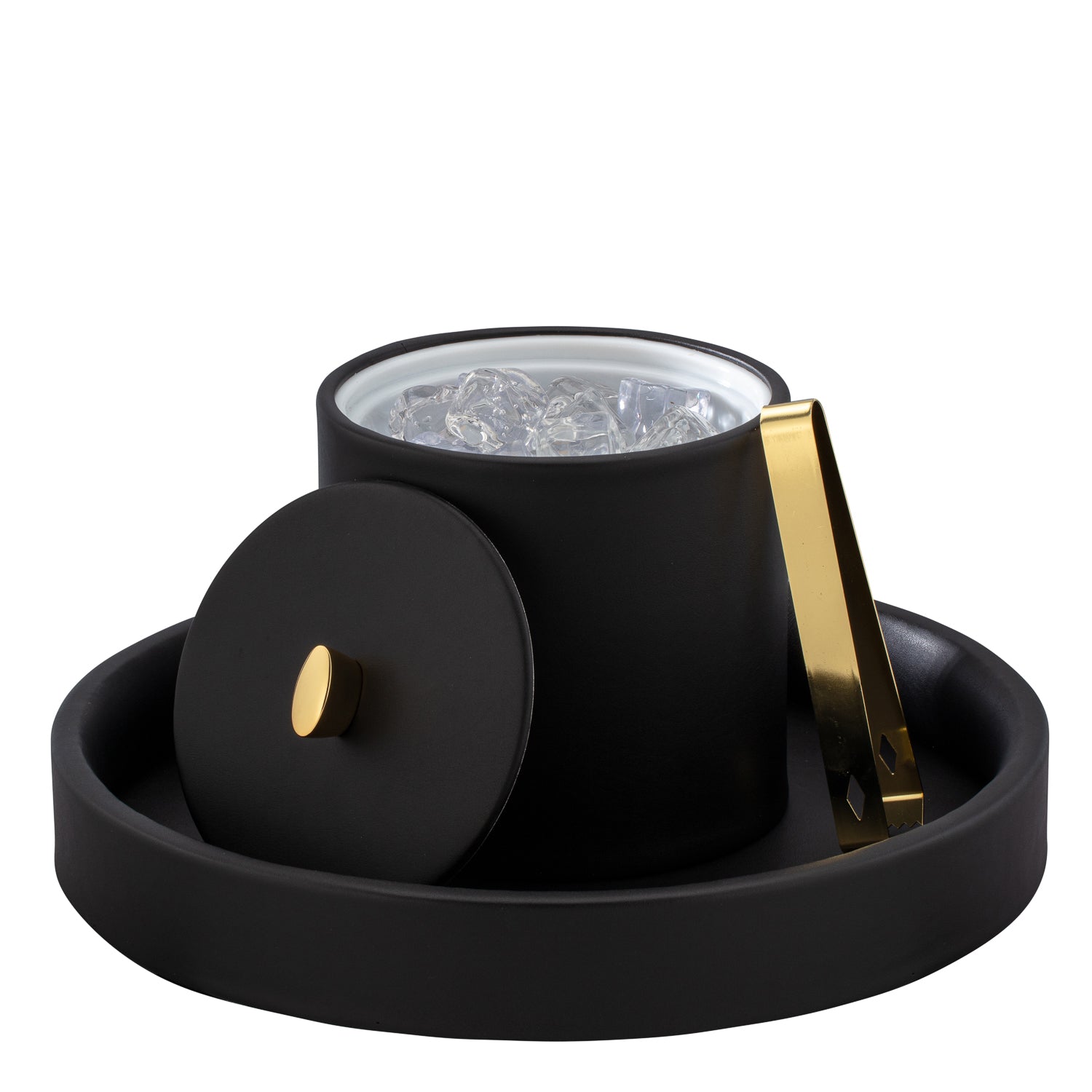 Black | Close-up of the Oxford 2qt ice bucket with a leatherette material cover and a shiny gold arc knob.