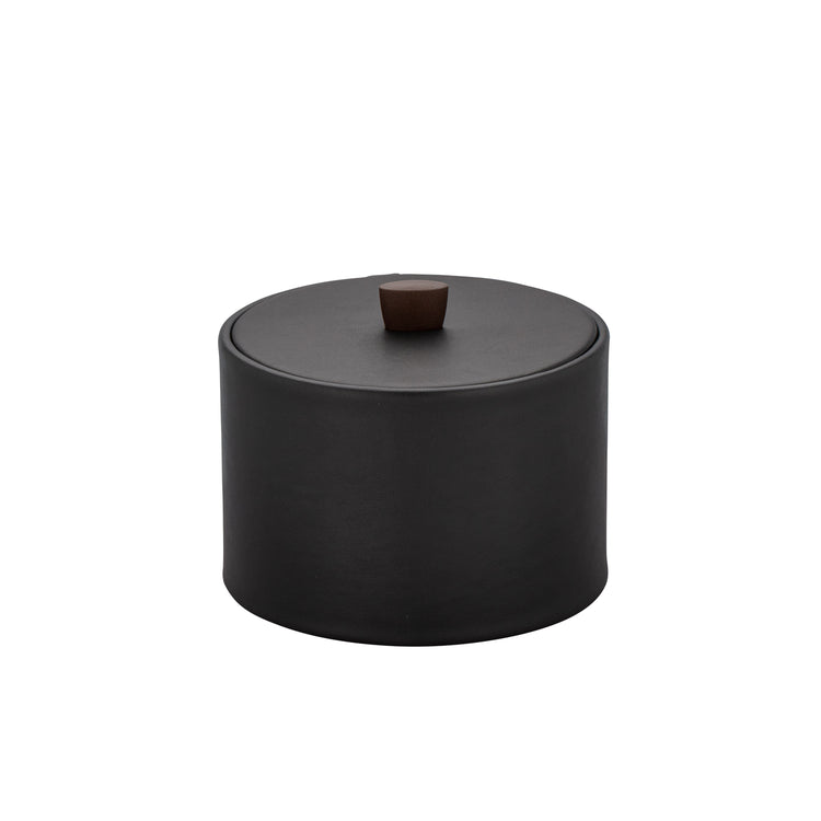 Black Elegant Durham Mesa ice bucket featuring a material cover and oil-rubbed bronze arc knob, designed to enhance upscale hospitality settings.