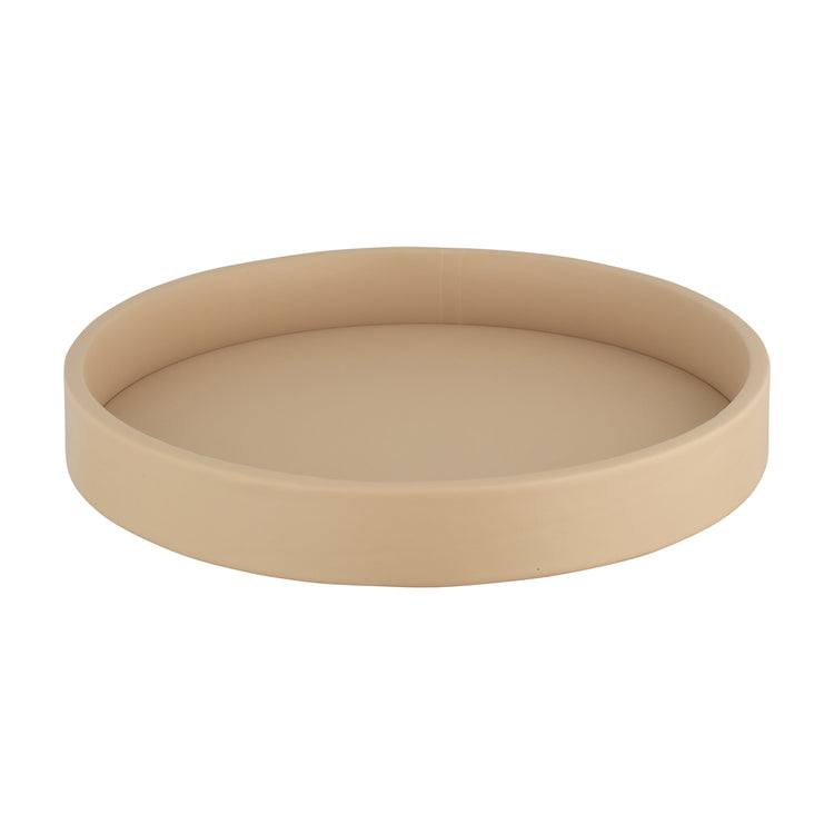 Beige | Stylish 14" round gallery tray featuring a sleek design, perfect for serving beverages and snacks in upscale hospitality settings.