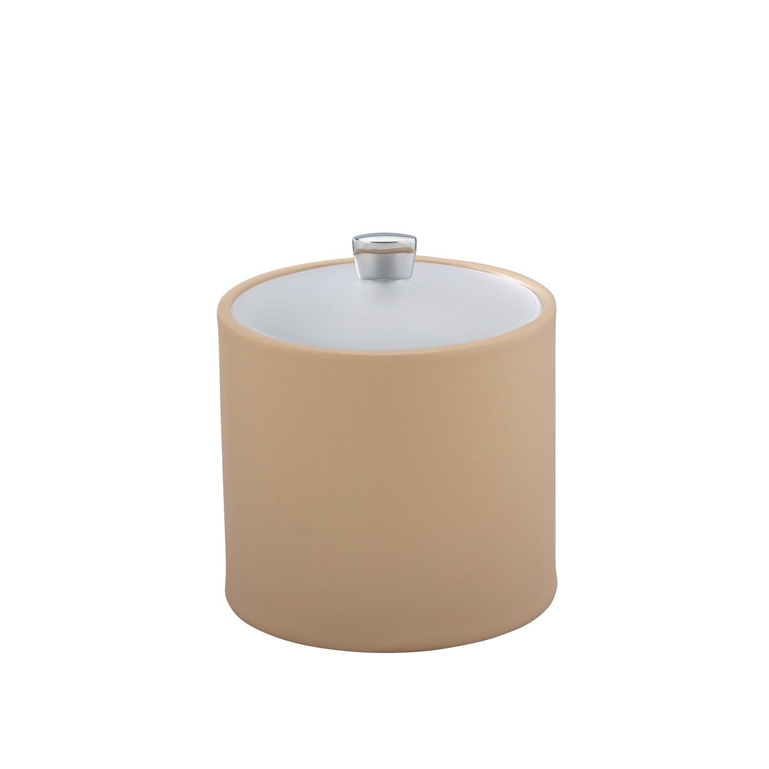 Beige | Stylish 2-quart ice bucket with a clear acrylic cover and chrome handle, ideal for hospitality settings.