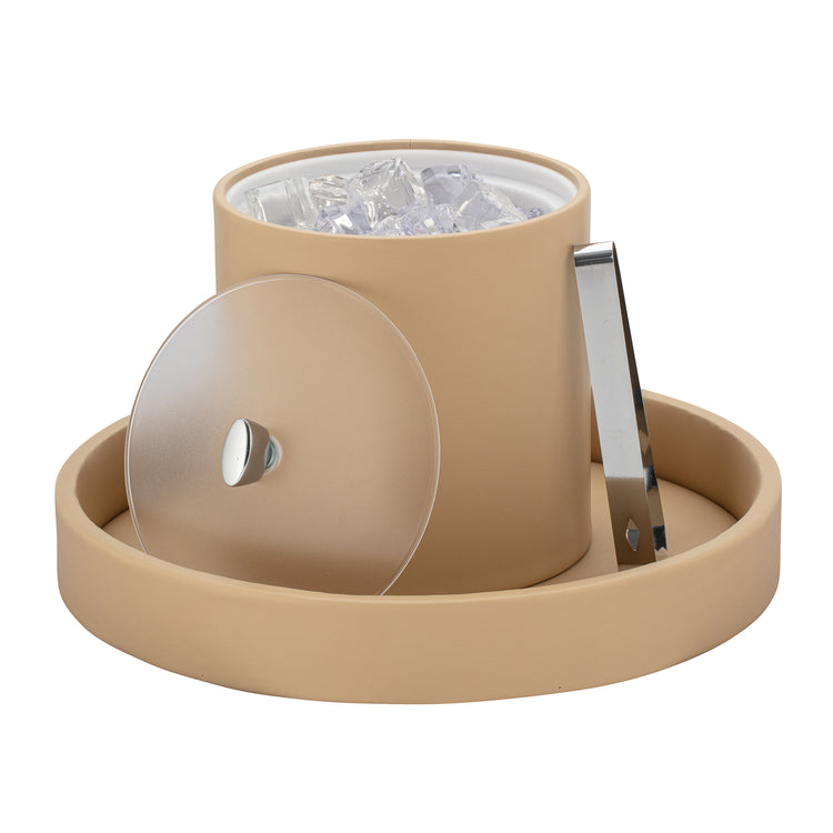 Beige | Arc 3qt Ice Bucket with a clear cover and chrome arc knob, blending sophistication and practicality.