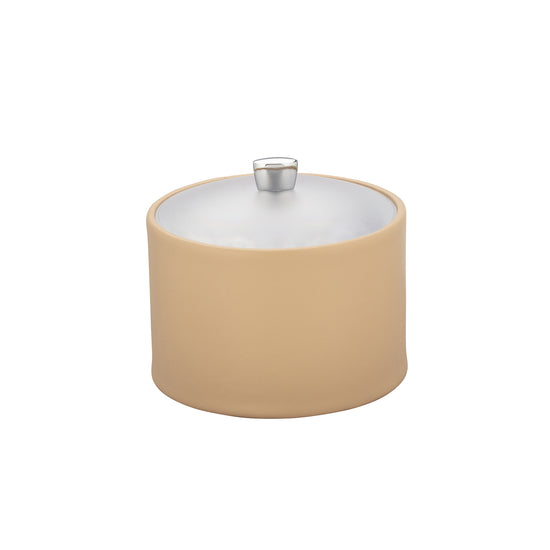 Beige | Modern Mesa ice bucket featuring a clear acrylic lid and polished chrome arc knob for luxury guest rooms.