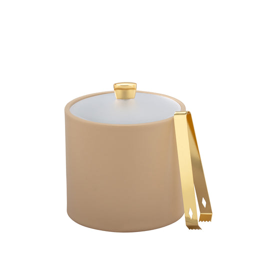 Beige | 2qt ice bucket with a gold arc knob and durable acrylic cover for hospitality use.