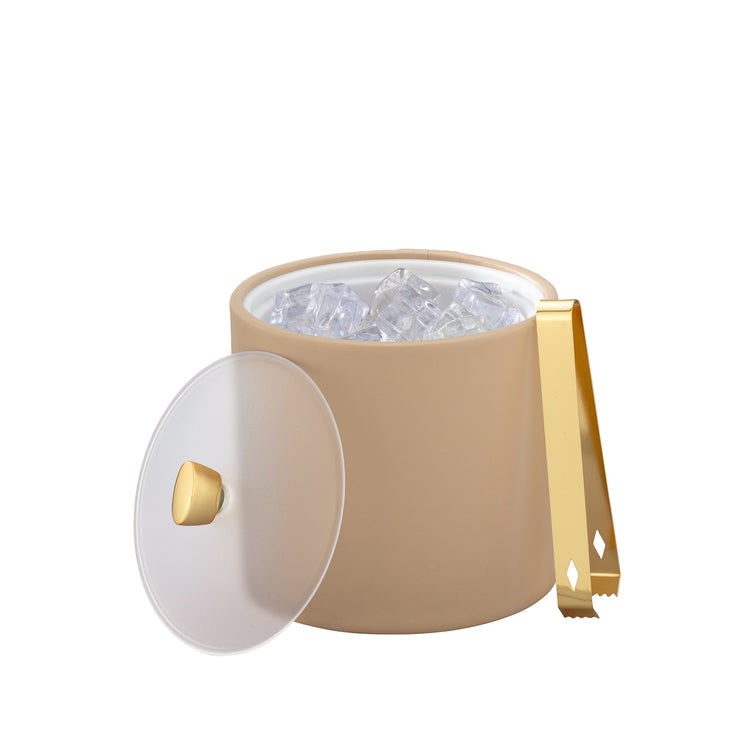 Beige | Elegant ice bucket from the Arc Collection with a gold arc knob and frosted acrylic cover.