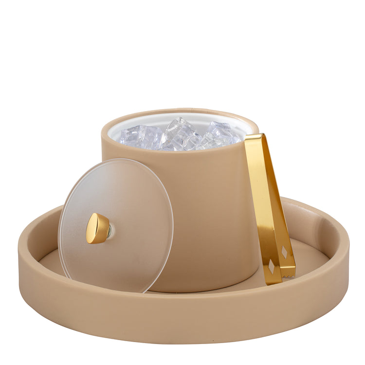 Beige | Stylish 2-quart ice bucket featuring a clear acrylic lid and gold arc handle for upscale settings.