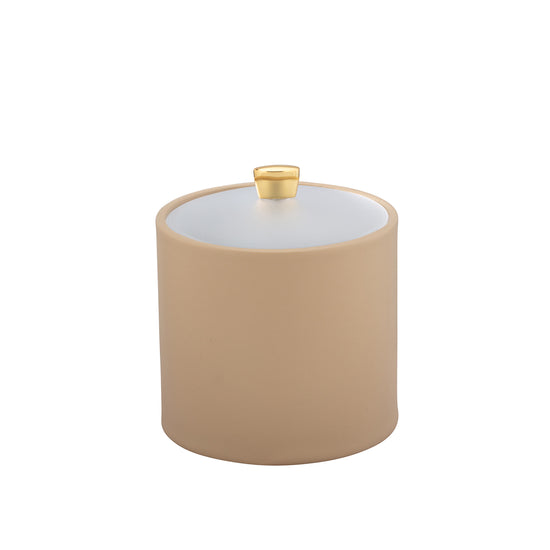 Beige | Sleek Arc 2qt Ice Bucket with acrylic cover and gold arc knob, perfect for luxury hotel rooms.