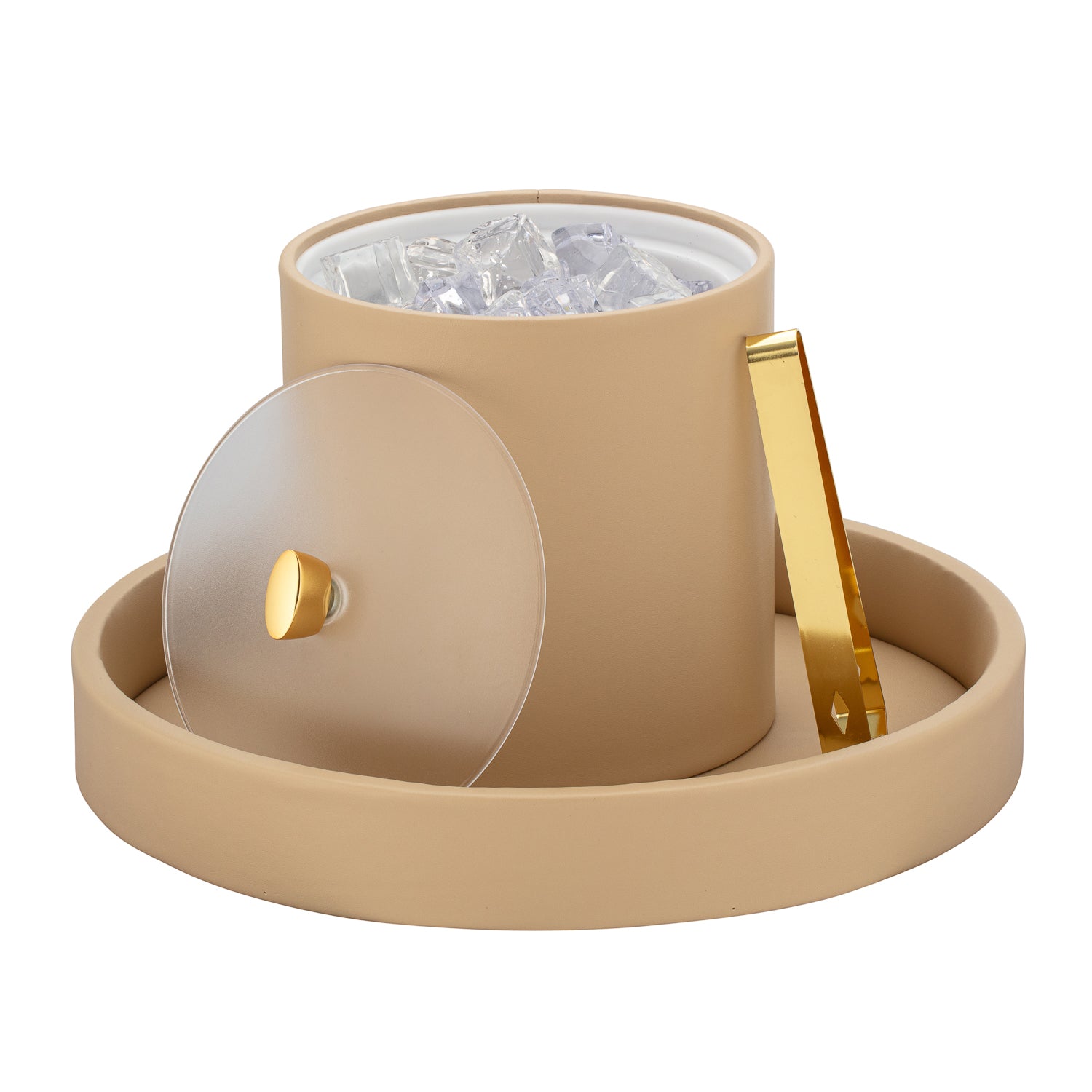 Beige | Stylish Arc 3qt Ice Bucket designed with a clear acrylic cover and luxe gold arc knob.