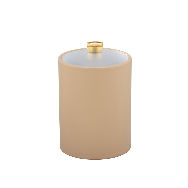 Beige | Elegant tall ice bucket featuring a clear acrylic lid and polished gold arc knob for upscale hospitality settings.