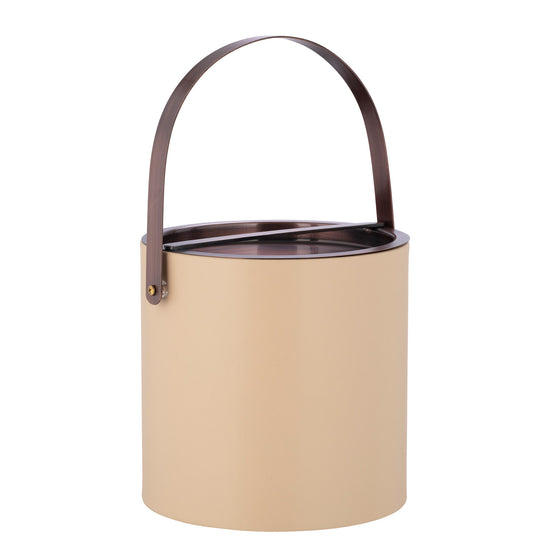 Beige | Elegant 3-quart ice bucket with a durable oil-rubbed bronze arch handle and bridge cover, designed for upscale hospitality.