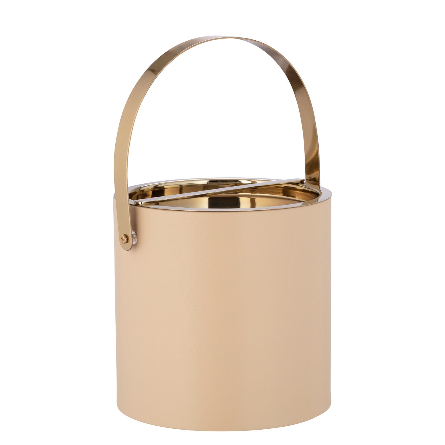 Beige | Chic Milan 3qt Ice Bucket with a polished gold arch handle and bridge cover, designed to enhance your upscale hospitality experience. 