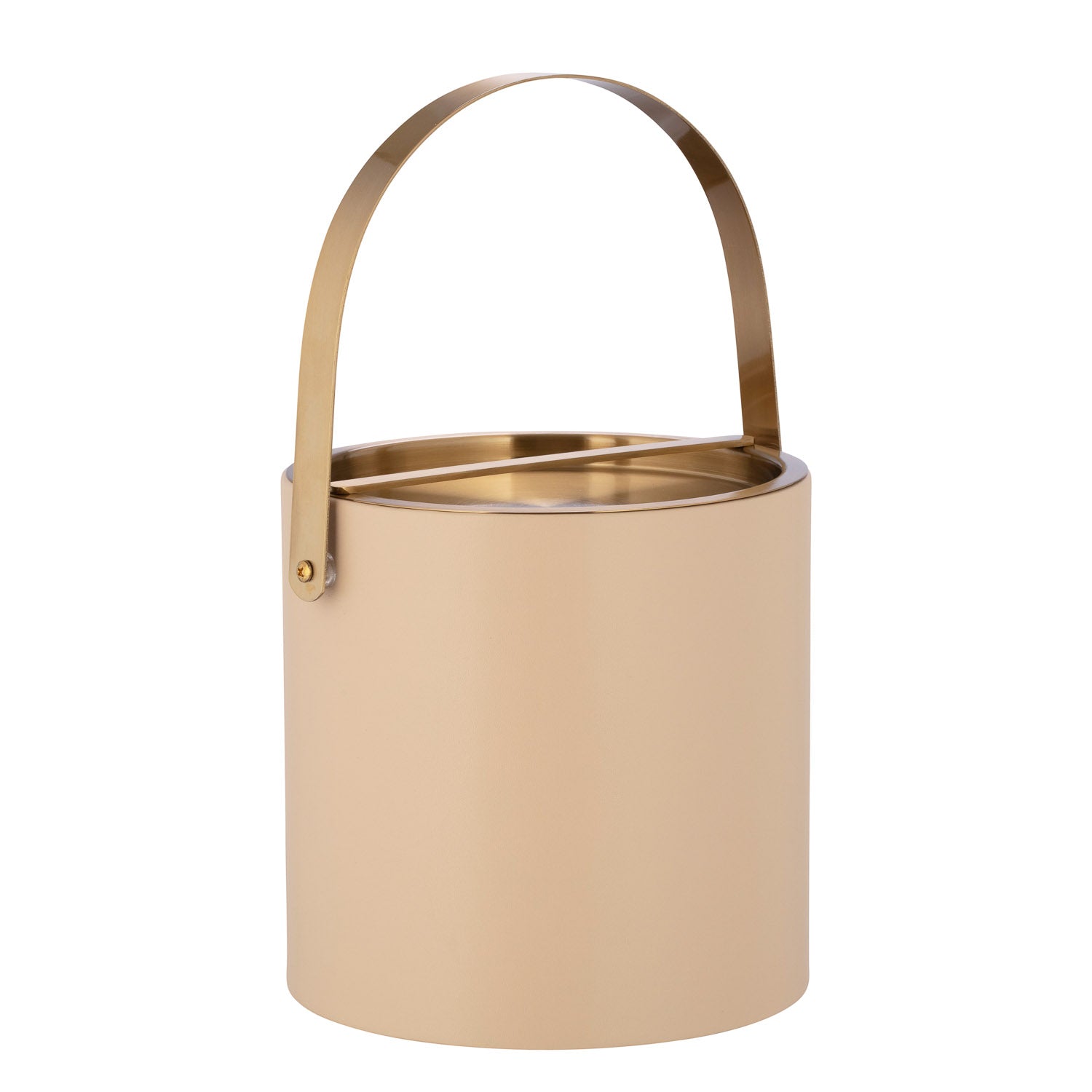 Beige | Chic Santa Barbara 3qt Ice Bucket with a luxurious brushed gold arch handle and bridge lid, ideal for serving ice at upscale events.