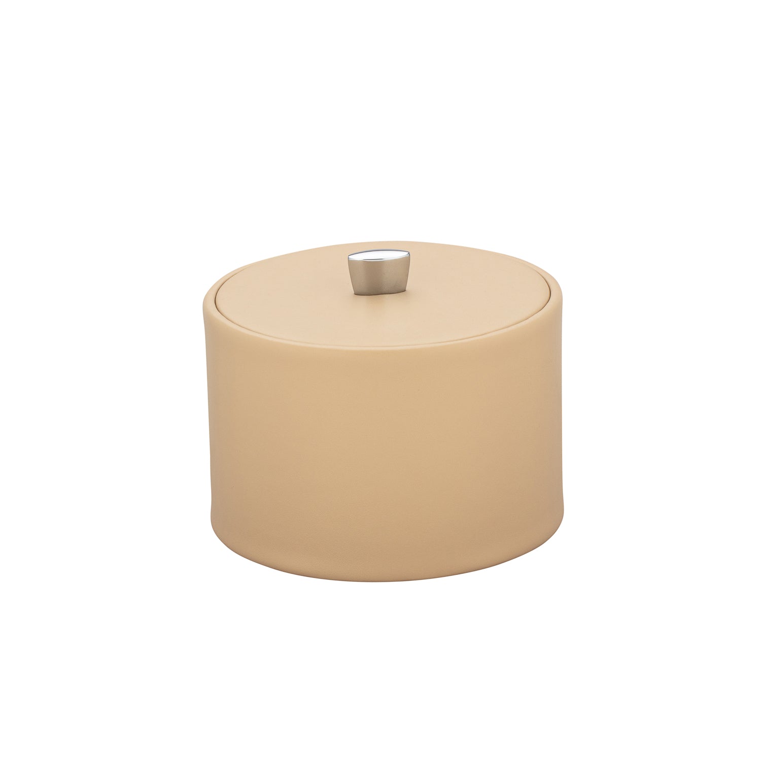 Beige | Chic Mesa ice bucket from the Dorchester collection, crafted with a stylish material cover and modern chrome arc knob for added sophistication.