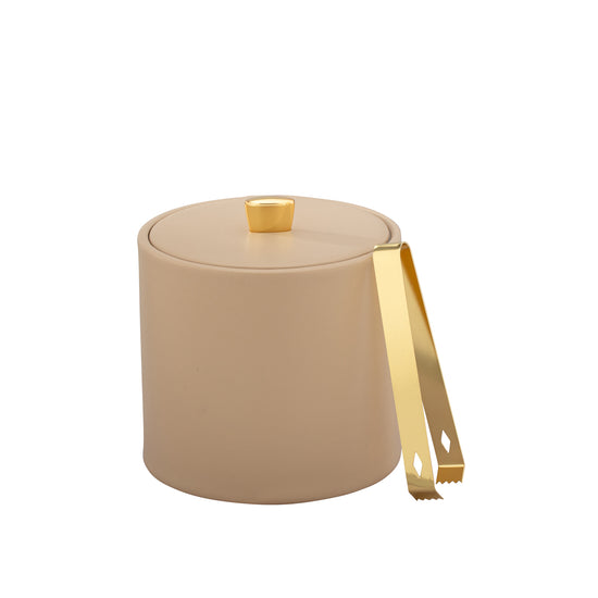 Beige | A stylish Oxford 2qt ice bucket with a material cover and a curved gold arc knob.