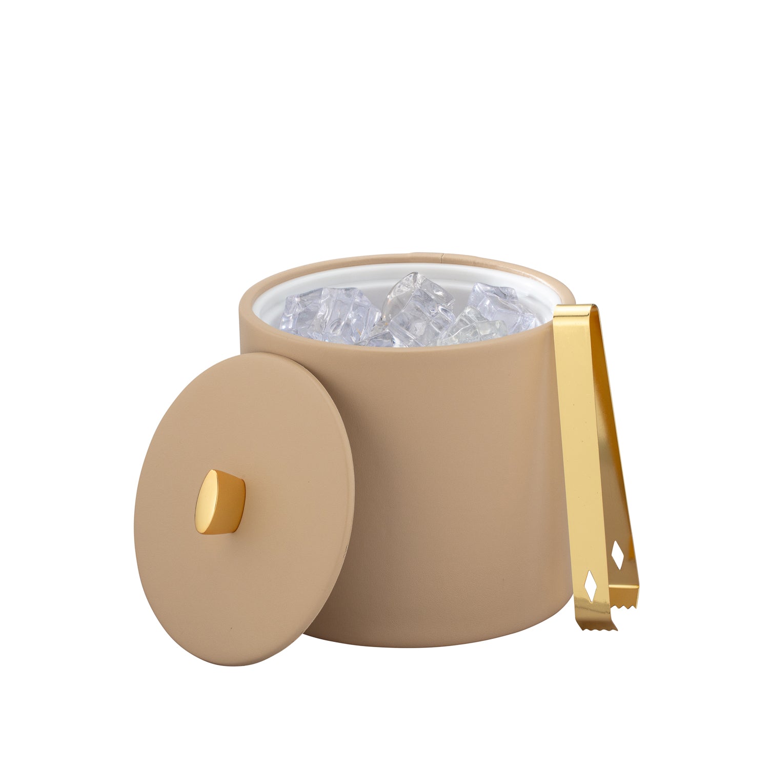 Beige | The Oxford 2qt ice bucket with its elegant gold arc knob and leatherette cover.