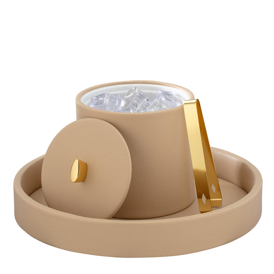 Beige | Oxford 2qt ice bucket with a refined material cover and a gleaming gold arc knob, resting on a tray.