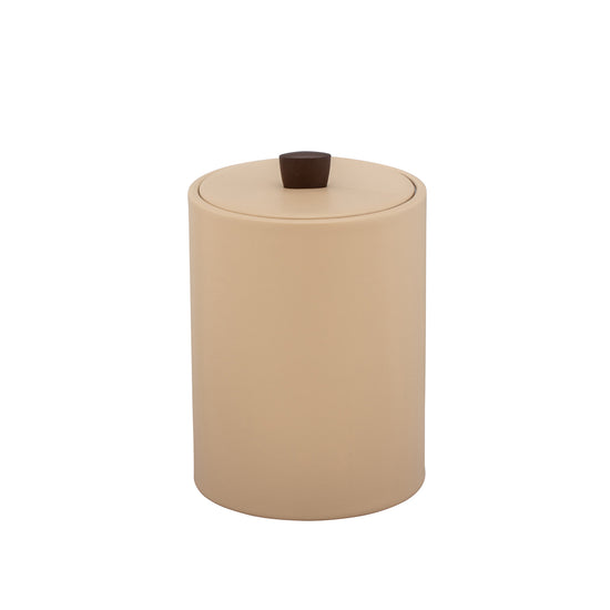 Beige | Chic Durham tall ice bucket with a durable material cover and rich oil-rubbed bronze arc knob, designed for sophisticated in-room service.