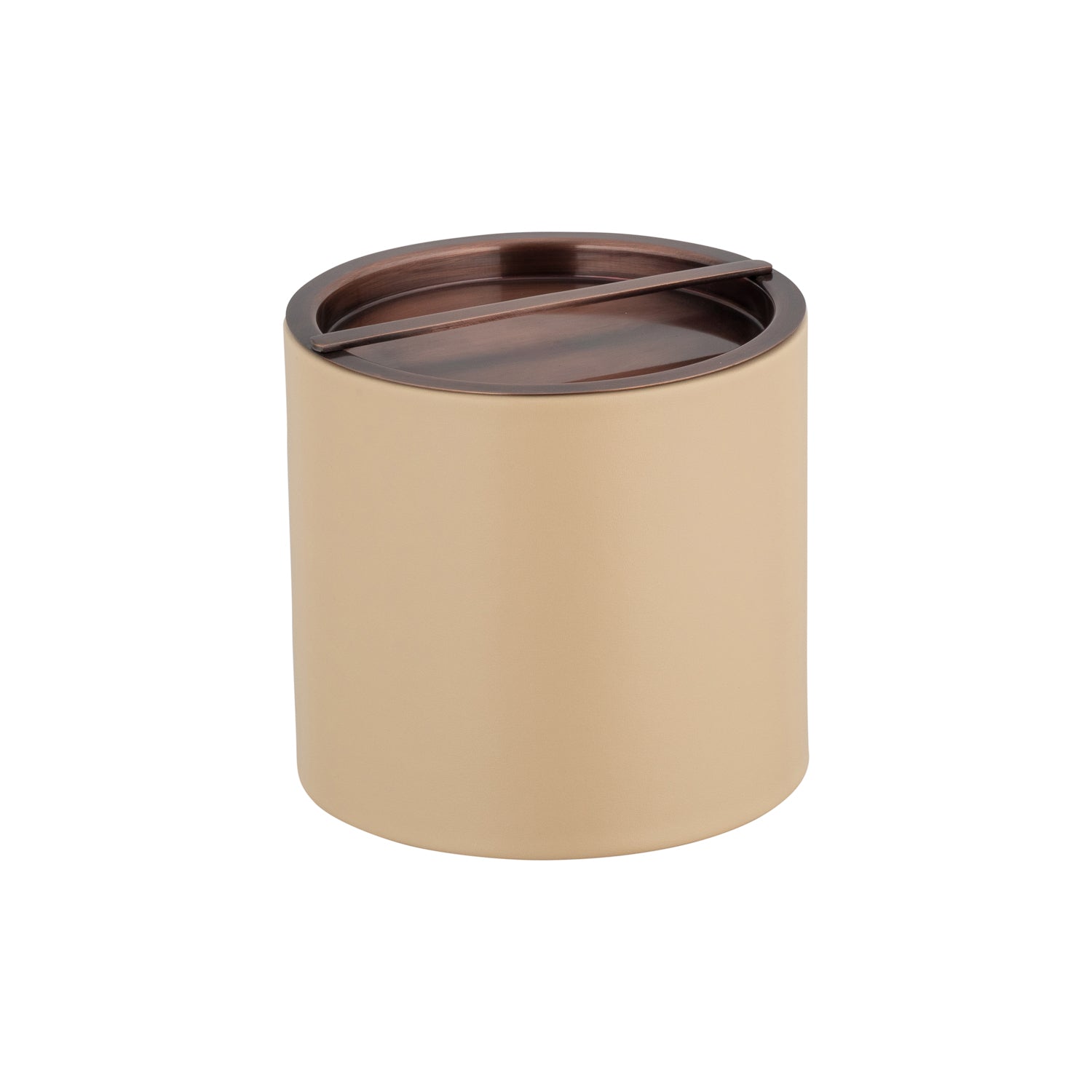 Beige | Sleek 2-quart ice bucket with a stylish oil-rubbed bronze bridge cover, designed to enhance guest experiences.