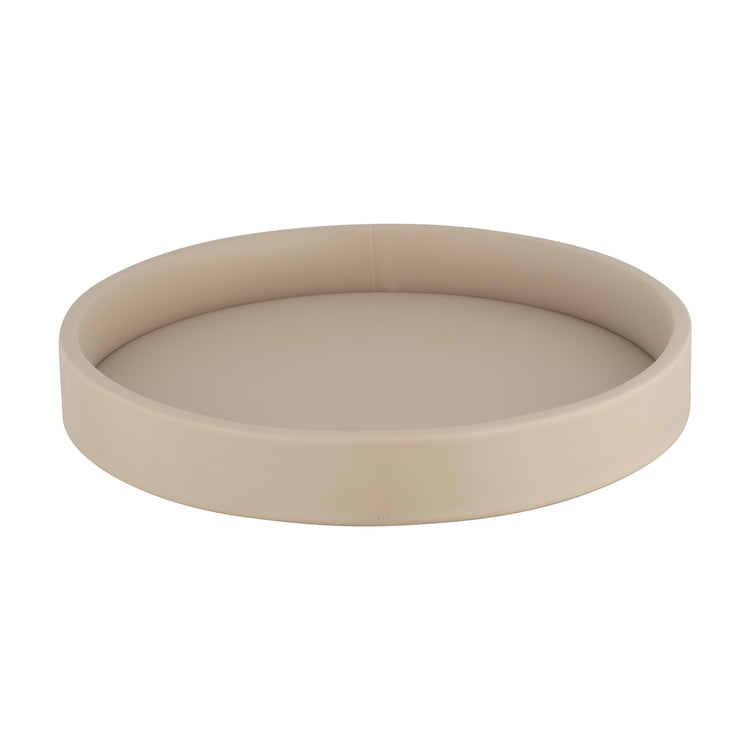 Taupe | Contemporary 14" round gallery tray designed for functionality and aesthetics, perfect for showcasing gourmet items or as a decorative piece in luxury environments.