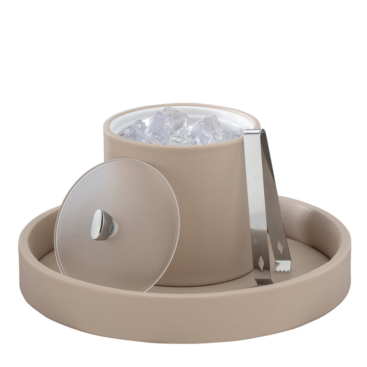 Taupe | 2qt ice bucket with an acrylic cover, designed for stylish beverage service, featuring a contemporary look that enhances any dining setting.