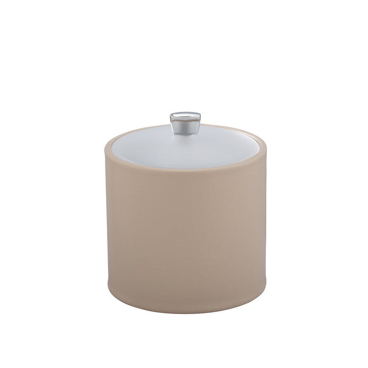 Taupe | Contemporary 2qt ice bucket with acrylic cover and chrome arc knob, designed for hotel rooms.