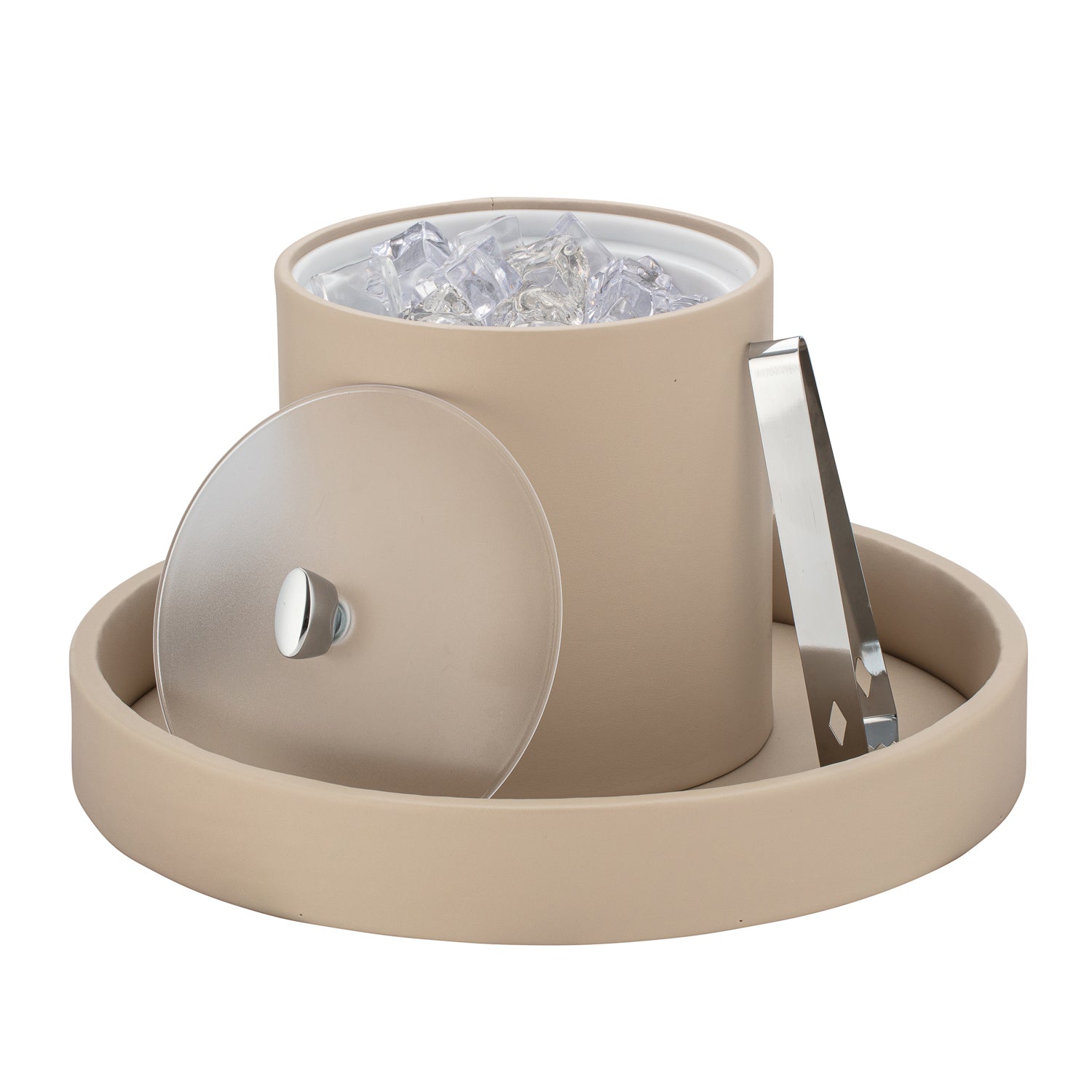 Taupe | Arc 3qt Ice Bucket with a frosted acrylic cover and chrome arc knob for a sleek, modern look.