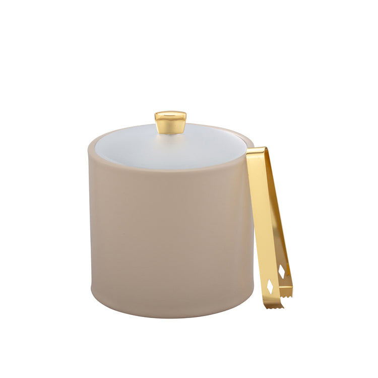 Taupe | Luxurious ice bucket with a gold arc knob and frosted acrylic top, enhancing guestroom amenities.