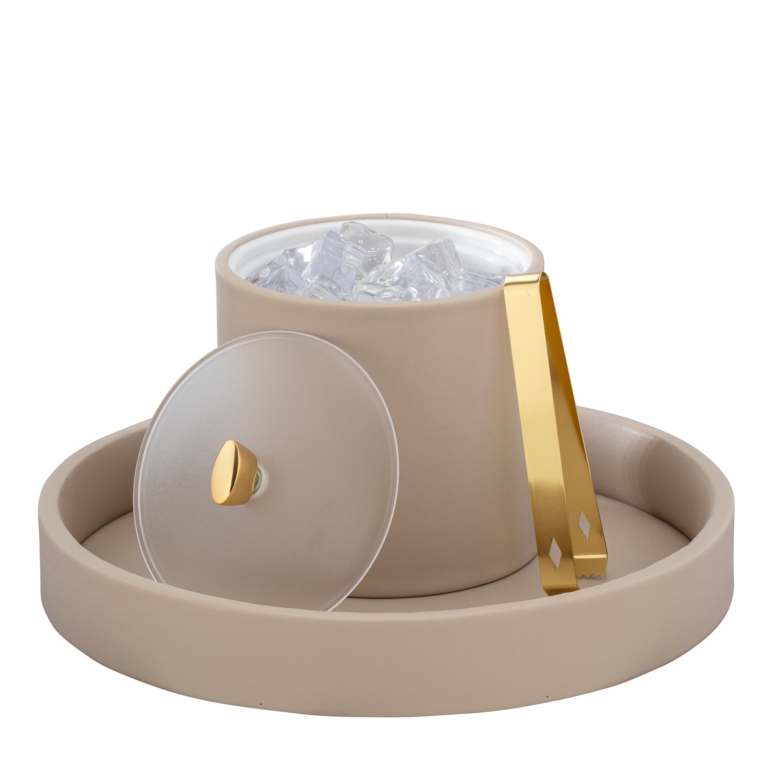 Taupe | Image of the 2qt ice bucket with a matching leatherette tray & ice tong.