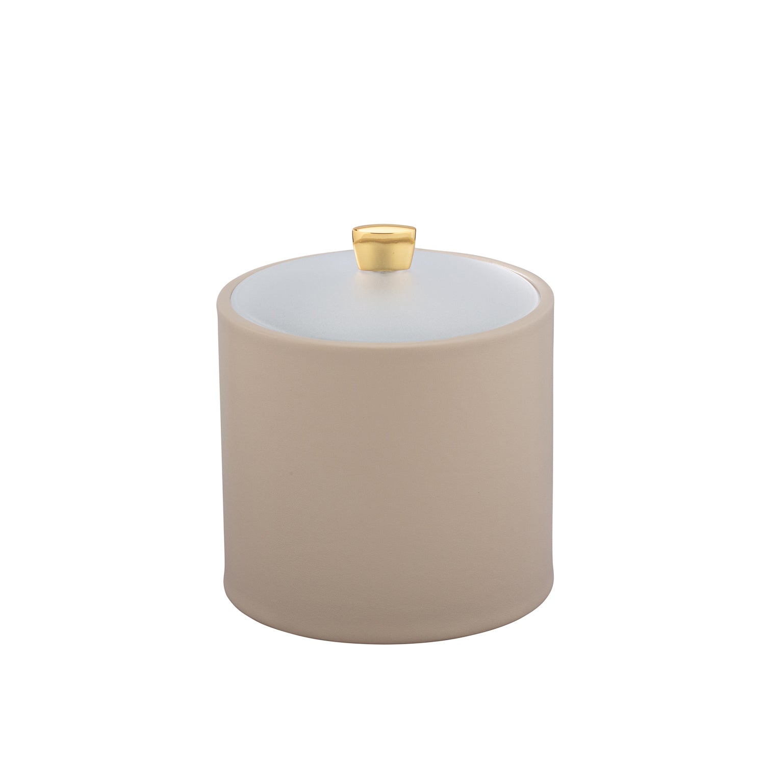 Taupe | Taupe Arc Collection ice bucket with a sleek gold arc knob and an acrylic cover for sophisticated guest experiences.