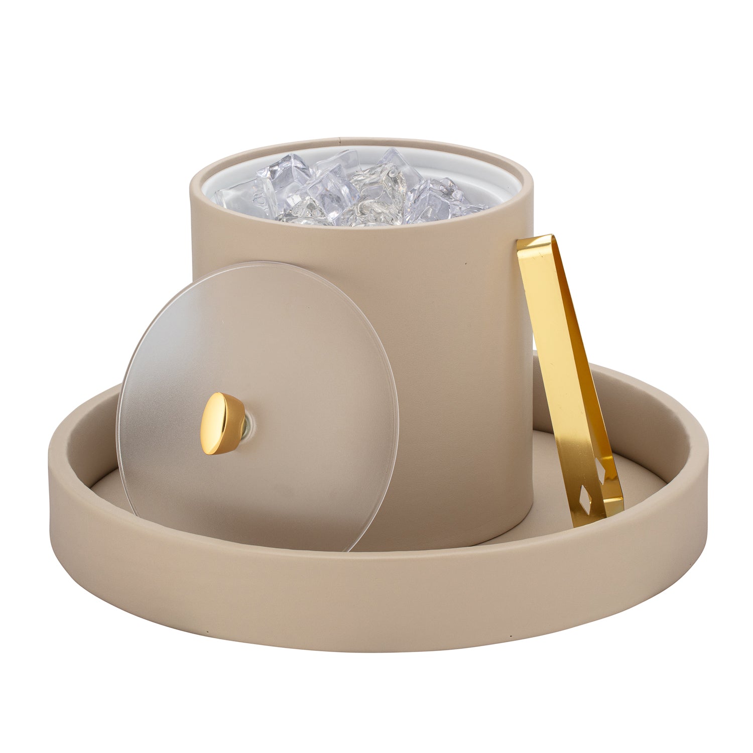 Taupe | Luxurious Arc 3qt Ice Bucket featuring a gold arc knob and frosted acrylic cover.