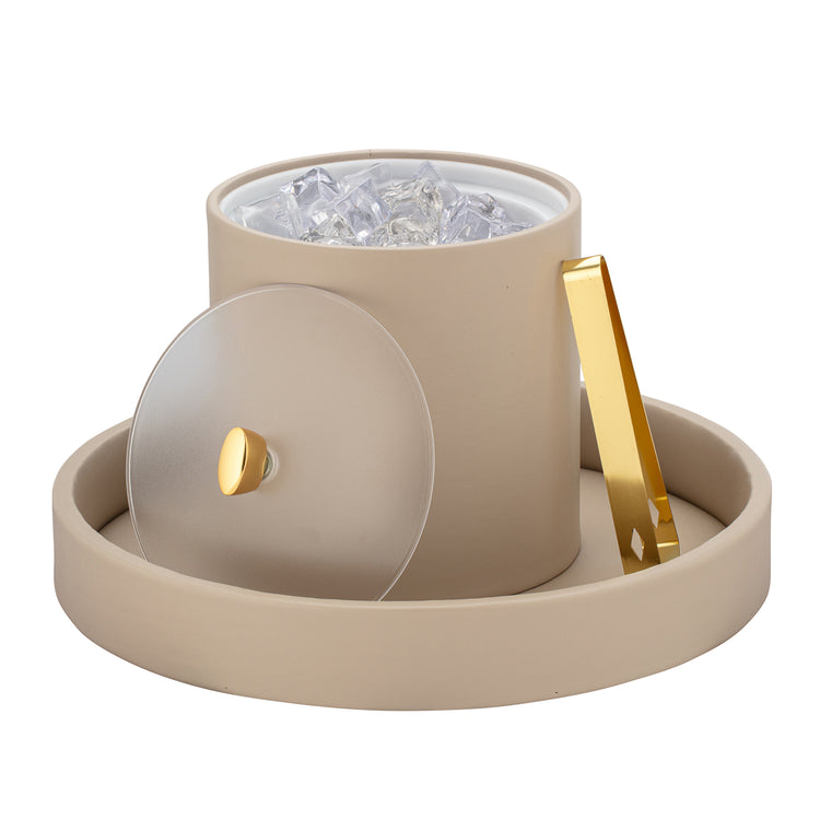 Taupe | Luxurious Arc 3qt Ice Bucket featuring a gold arc knob and frosted acrylic cover.