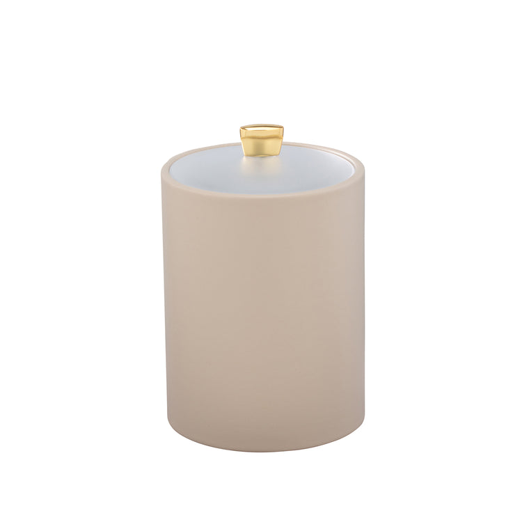 Taupe | Modern Arc Tall Ice Bucket with a gold arc knob and durable acrylic cover, designed for premium guest rooms.