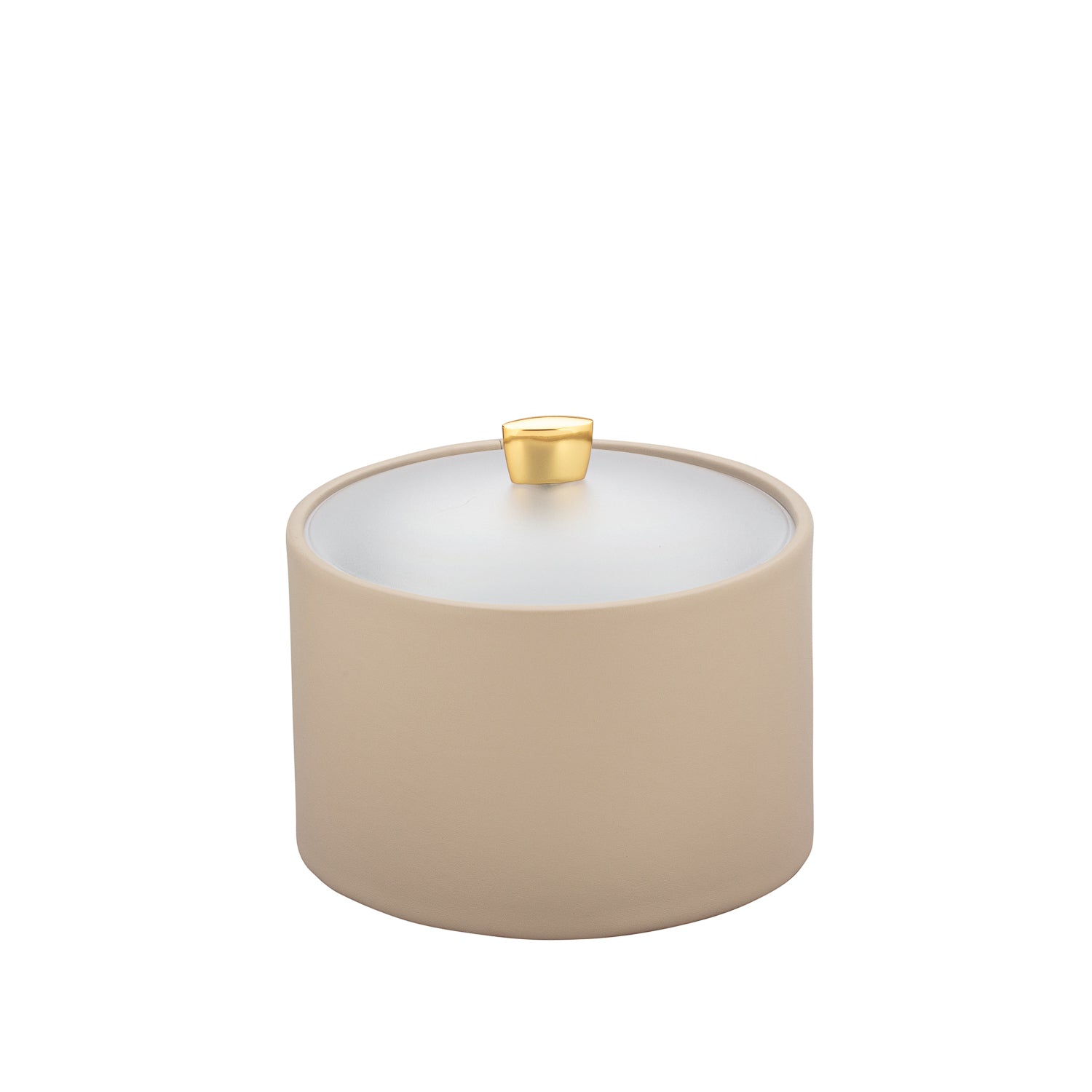 Taupe | Stylish Arc Mesa Ice Bucket with a gold arc knob and acrylic cover, designed for premium hotel suites.