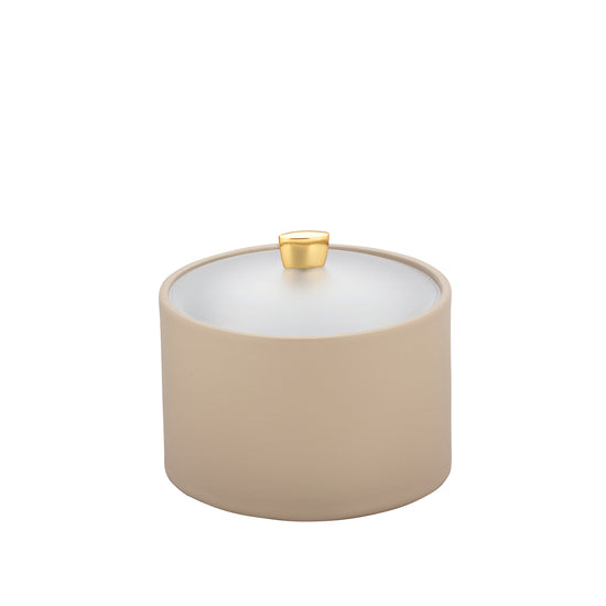 Taupe | Stylish Arc Mesa Ice Bucket with a gold arc knob and acrylic cover, designed for premium hotel suites.