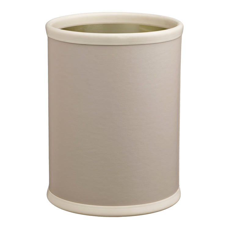 Taupe | Chic Plus 8qt Round Wastebasket made from durable materials, perfect for keeping spaces tidy and organized.