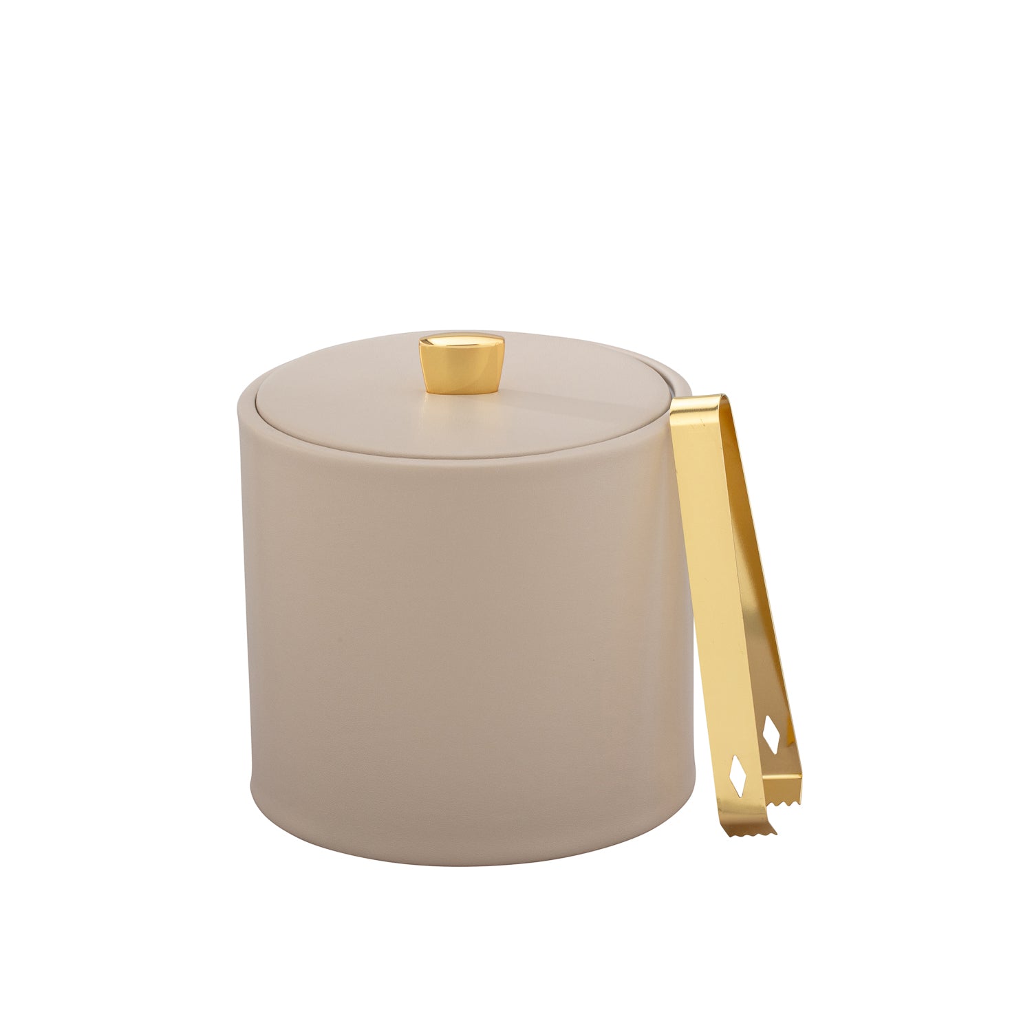 Taupe | A chic Oxford 2qt ice bucket featuring a luxurious material cover and a gold arc knob.