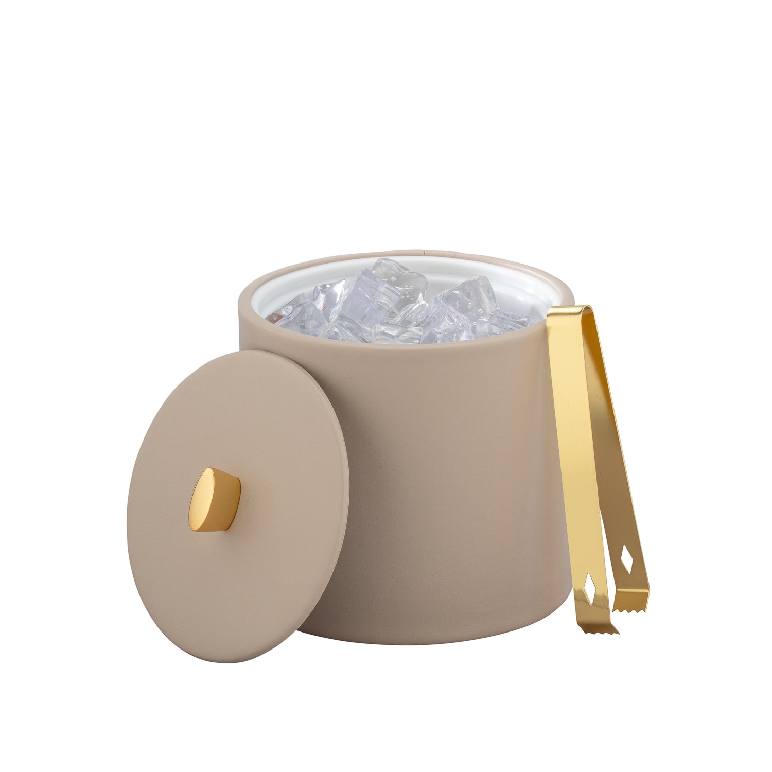 Taupe | The Oxford 2qt ice bucket with its signature gold arc knob and elegant material cover.