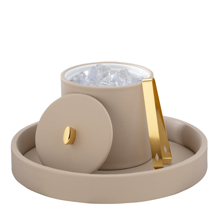 Taupe Classic Oxford 2qt Ice Bucket with a refined material cover and a gleaming gold arc knob, adding a touch of elegance to your table setting.