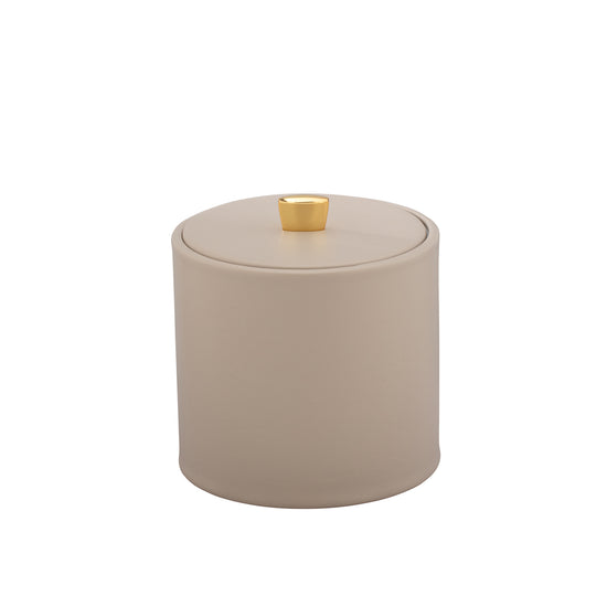 Taupe | view of the Oxford 2qt ice bucket with its gold arc knob, displaying the leatherette material cover detail.