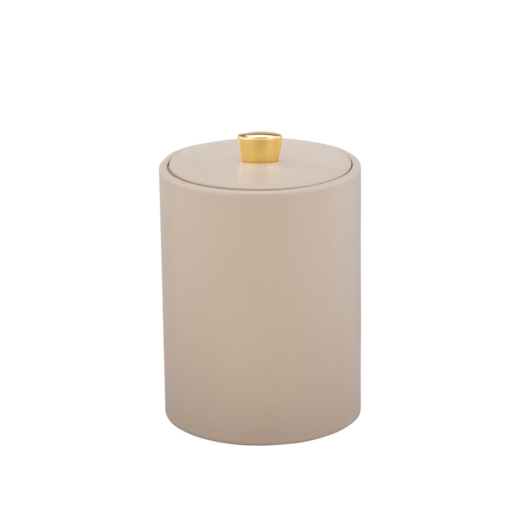 Taupe | Contemporary Oxford Tall Ice Bucket showcasing a refined material cover paired with a polished gold arc knob, combining functionality with aesthetic appeal.