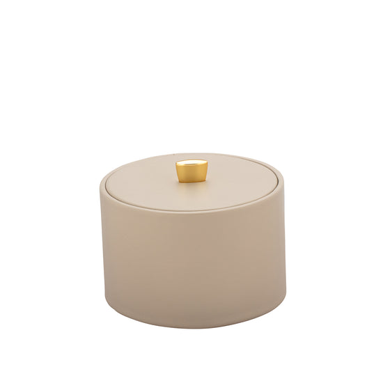 Taupe | Contemporary Oxford Mesa Ice Bucket showcasing a refined material cover and a polished gold arc knob, combining functionality with a touch of elegance.