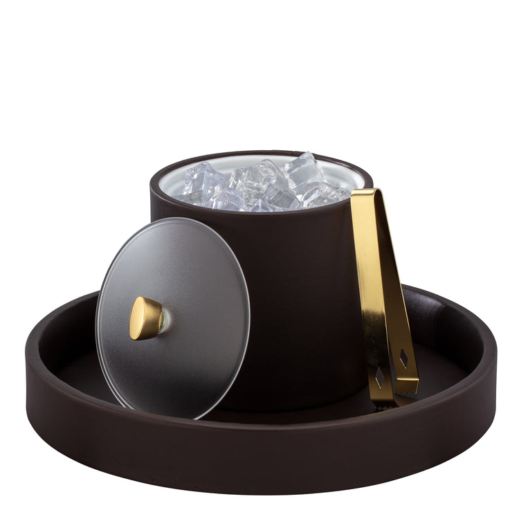 Chocolate | Luxury 2qt ice bucket featuring a gold arc knob and frosted acrylic cover for a modern touch.